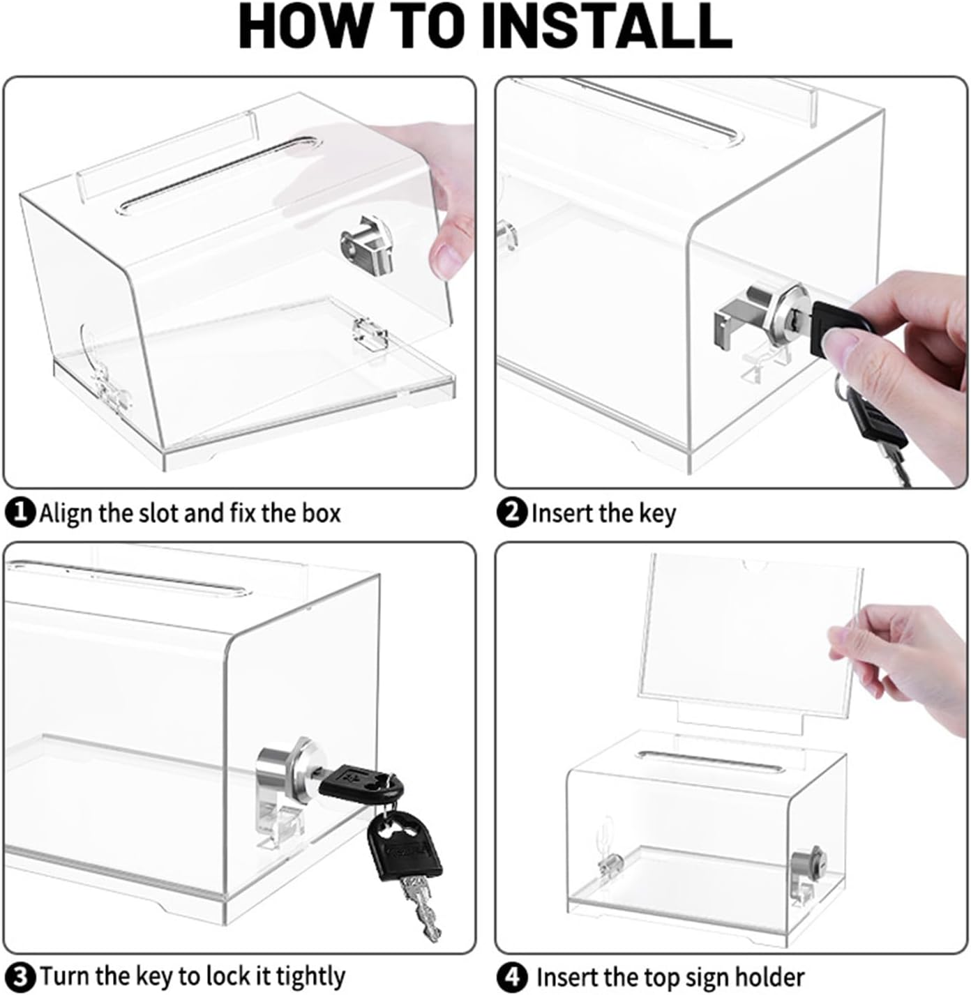 Acrylic Donation Box, Lockable Donation Box, Ballot Box, Black, Transparent with Key Lock, for Sweepstakes, Votes, Business Cards, with Sticker image number 5
