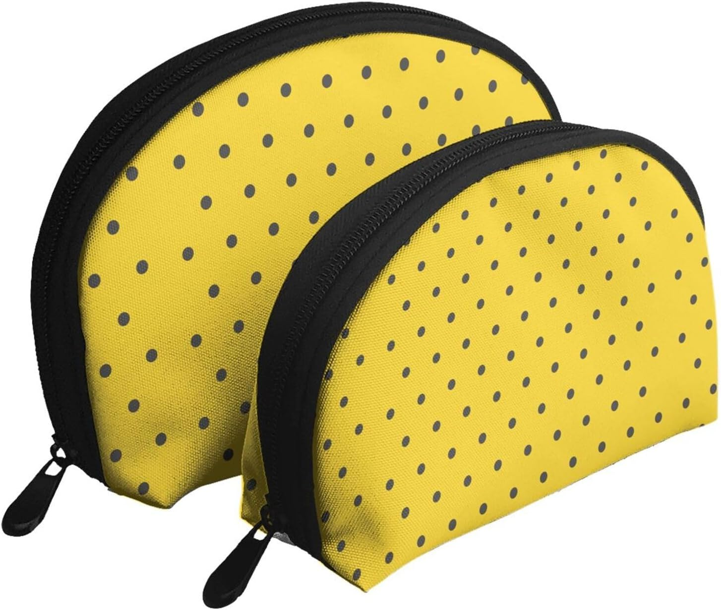 Cozimangoe Coin Pouch Makeup Bags Set, 2 Piece Shell Shape Cosmetic Bag with Pockets for Daily Travel Handbag Lipstick Keys Toiletry, Personalized Black Polka Dots Yellow Background