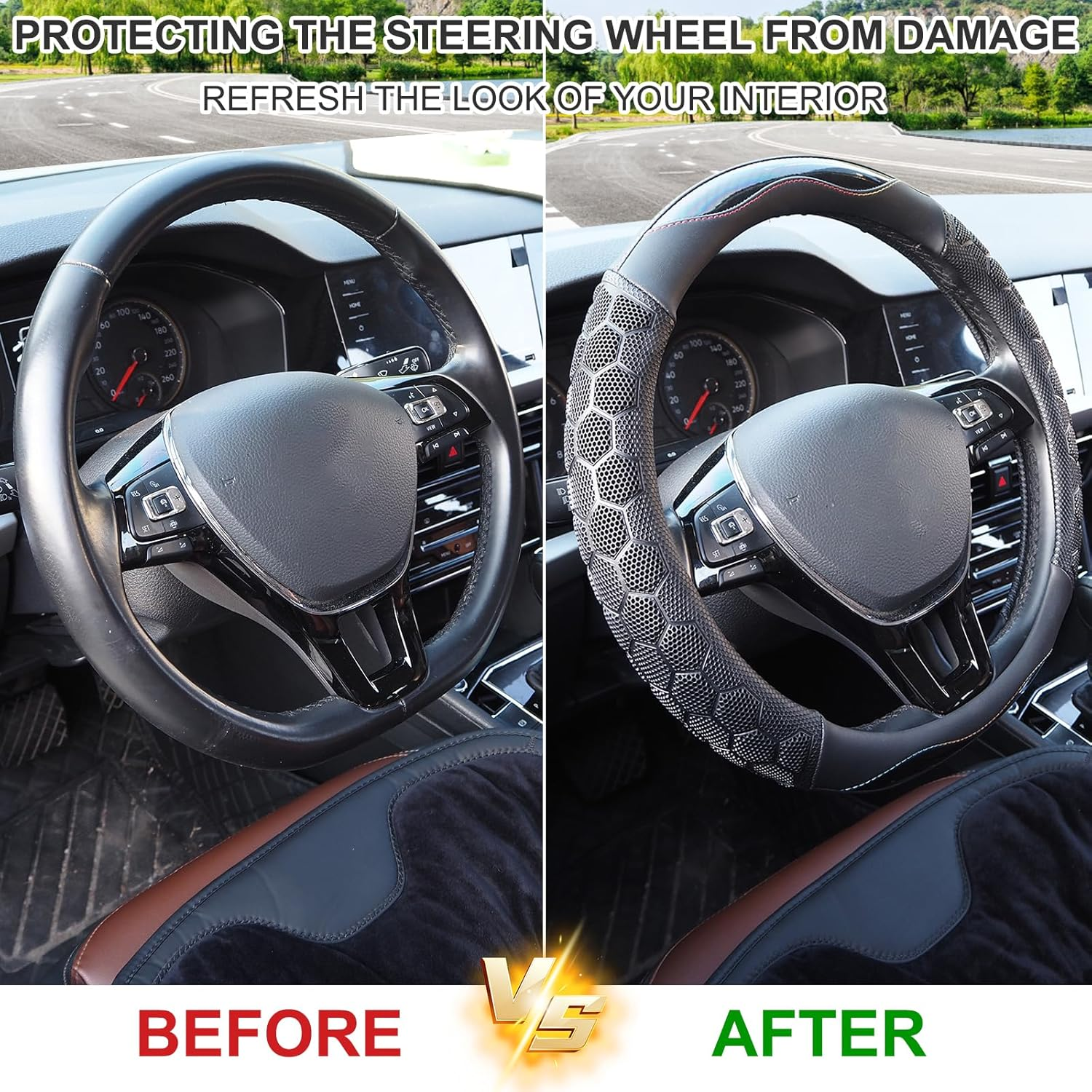 Car Steering Wheel Cover, Universal 15 Inch Fit, Anti-Slip Napa/Microfiber Leather Suede Stearing Wheel Protector Covers, Soft Breathable, with Car Seat Belt Pads for Women Man (Leather Carbon Fiber) image number 6