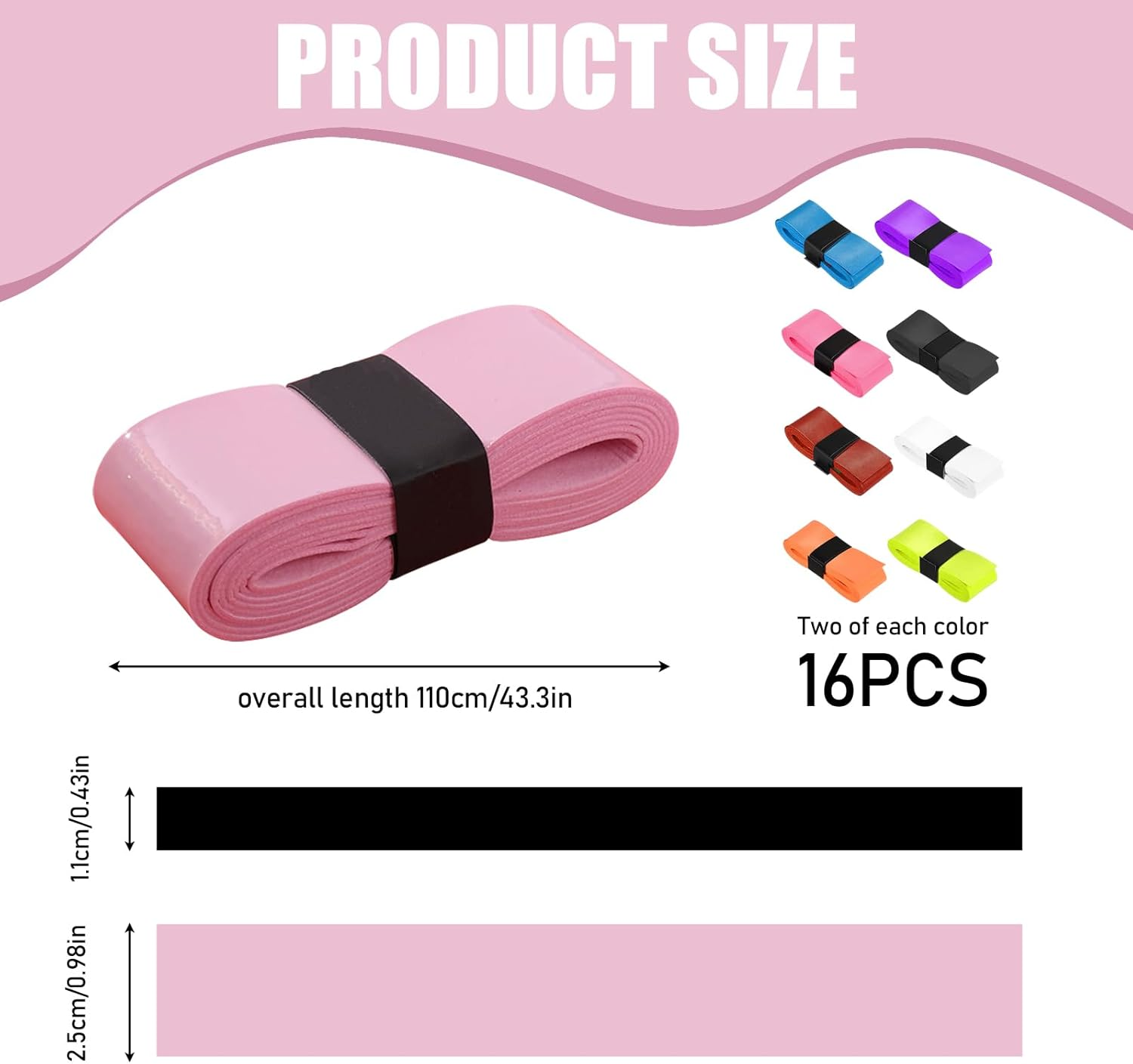 16 Pcs Tennis Racket Grip Tape, Colorful Sticky Grip Tape for Handles, Precut Anti-Slip Tennis Grip Tape for Tennis Pickleball Squash Badminton image number 6