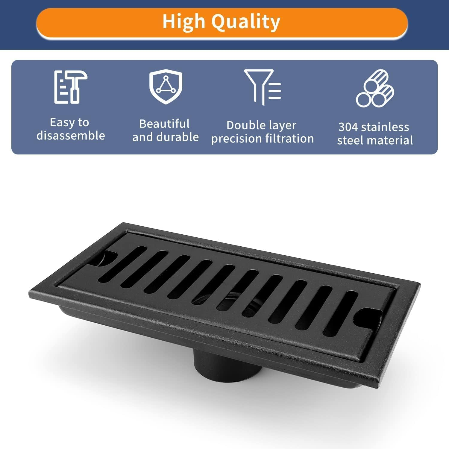 20 &times; 10 Cm Black Rectangular Stainless Steel Floor Drain - Shower Drain Lid with Odour Trap, Strainer for Hair Filter, Suitable for Bathroom, Kitchen, Balcony image number 5