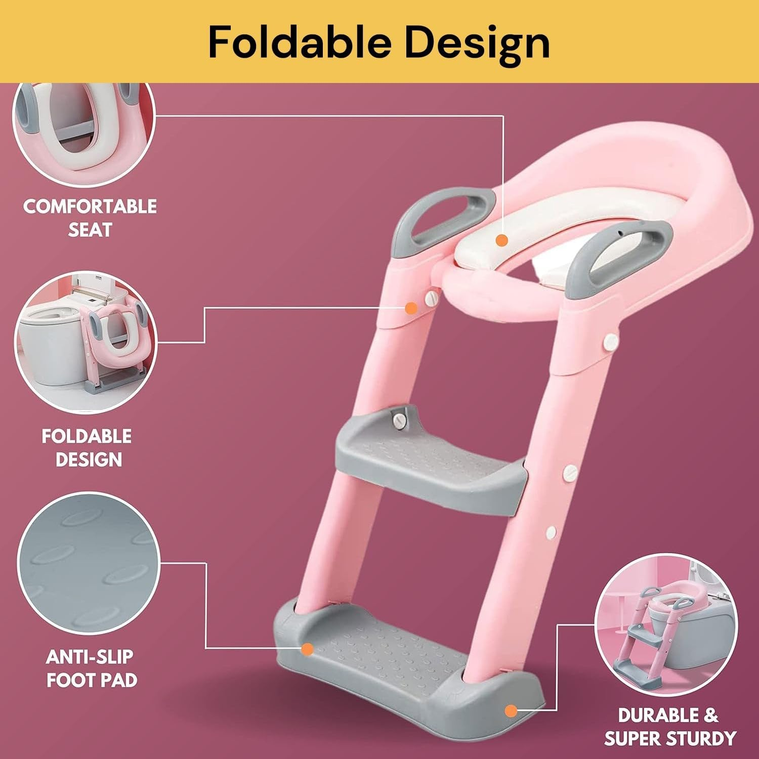 EZONEDEAL Potty Training Toilet Seat for Toddler, Upgraded Non-Slip Step Stool Ladder for Toilet, Maximum Load up to 65 Kg, Adjustable Height Foldable Toilet Seat for Aged 1-10 Boy and Girl (Pink) image number 3