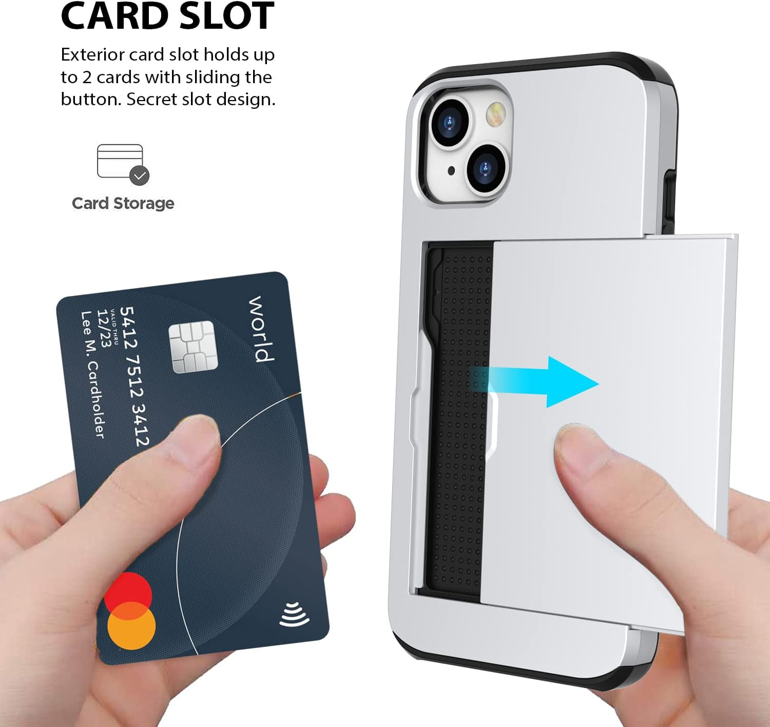 ZUSLAB Iphone 14 Case Slide Armor Card Holder Protective Shockproof Hard Back Cover for Apple - Silver - Green image number 4