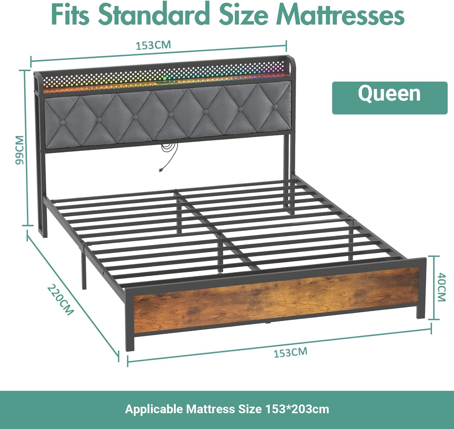 Ufurniture Queen Bed Frame with Headboard Storage, Industrial Metal Bed Base with USB Ports and LED Light, Mattress Platform with Charging Station, Bedroom Furniture image number 2