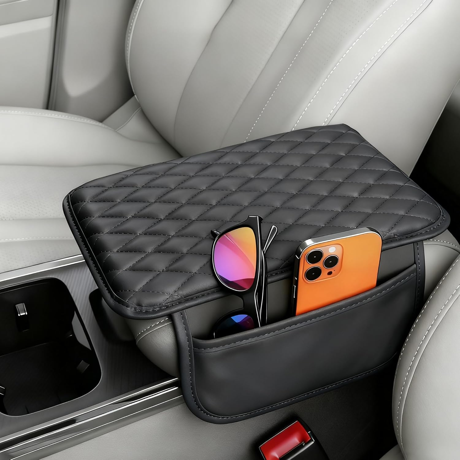 Upgraded Car Center Console Cover, Leather Armrest Cushion Pad with 2 Storage Bags, Microfiber Soft Waterproof Seat Box Cover Protector, Cars Interior Decor Accessories Fit for Most Vehicles