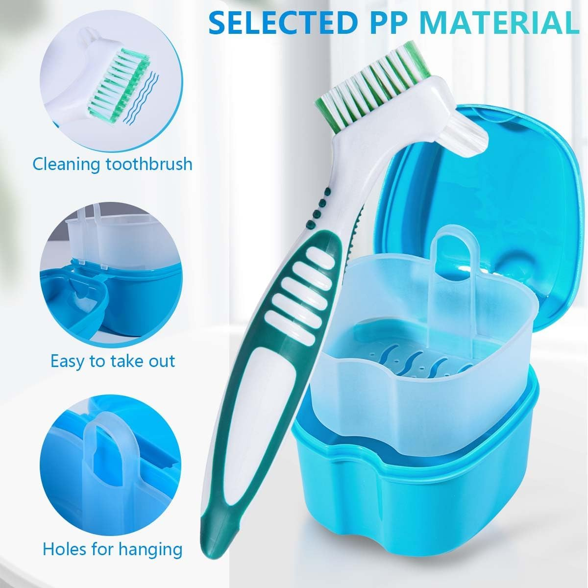 KISEER 2 Pack Denture Bath Case Cup Box Holder Storage Container with Denture Cleaner Brush Strainer Basket for Travel Cleaning (Light Blue and Blue) - Blue image number 6