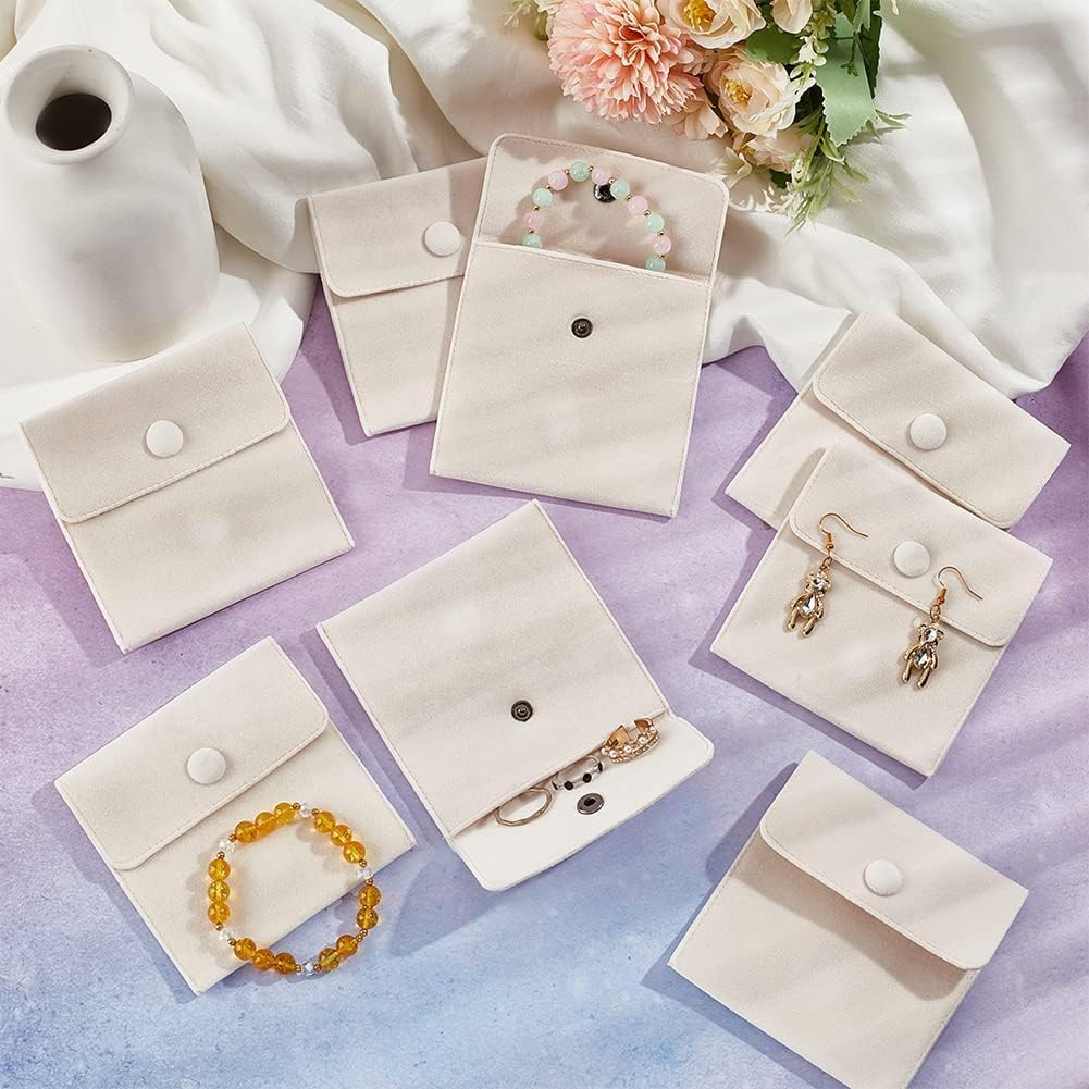 Velvet Jewelry Storage Bags with Snap Button, 10Pcs Velvet Jewelry Pouches with Snap Button for Gift Storage, Velveting Pouch Button Bag with Snaped, Beige image number 3