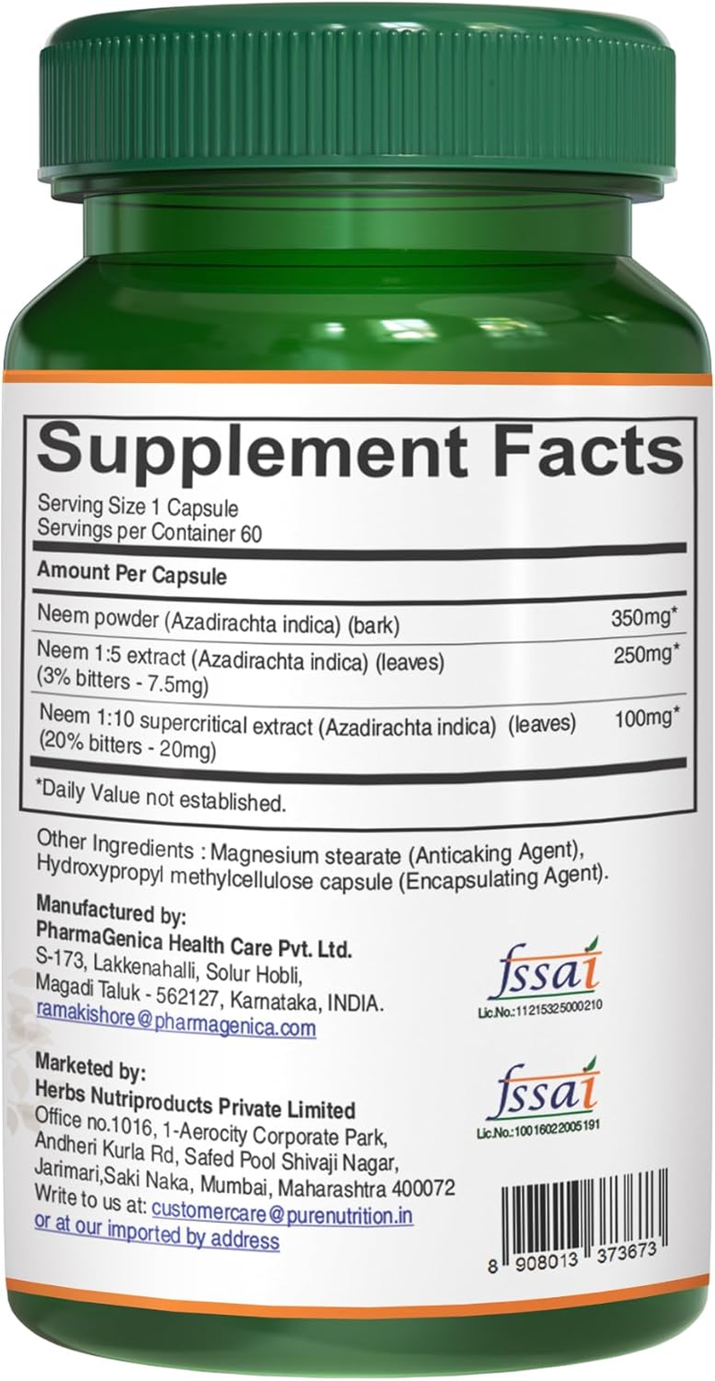 Pure Nutrition Neem Capsules 700Mg, 60 Count. Herbal Skin Supplement. Neem Extract Supplement Equivalent to 2600Mg Neem Leaf and Bark Powder. Gluten Free | Non-Gmo image number 3