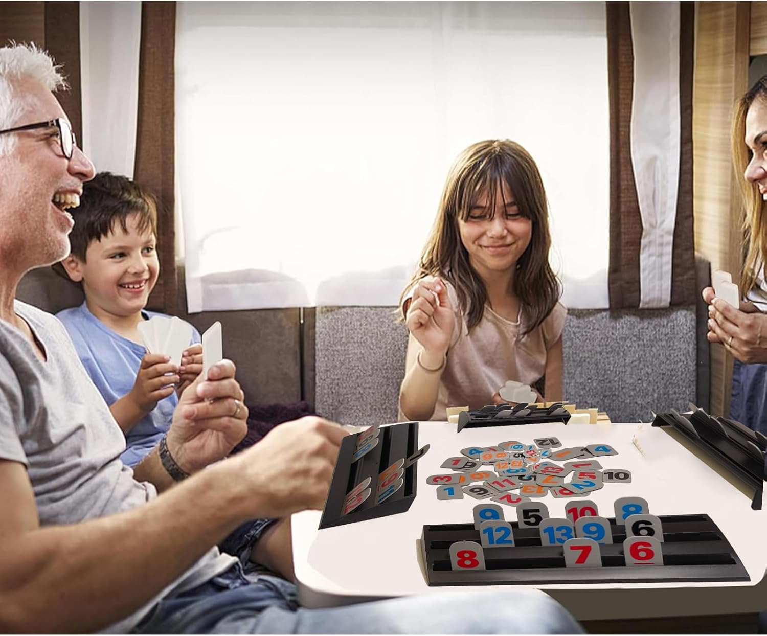 Rummy Tiles Game Set with 4 Double Tier Tile Racks Trays Rummy Cube Playing Racks in Travel Bag for Family Classic Board Games Travel Game Mini Rummy Game for Adult and Kids image number 4