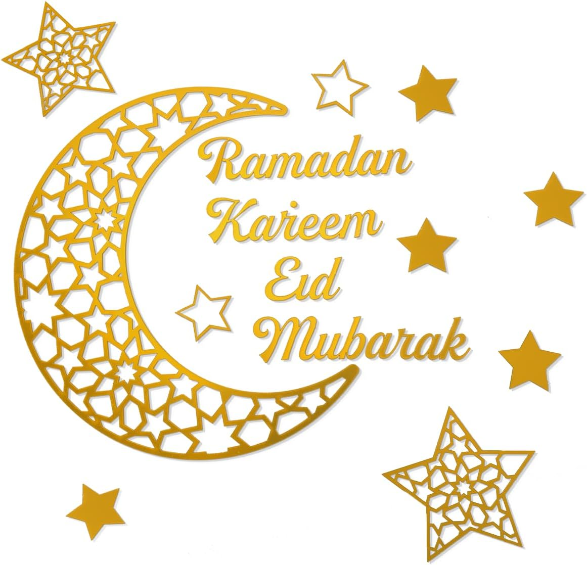 Fiohiros Gold Acrylic Ramadan Decorations Sticker Wall, Mirror Ramadan Wall Stickers with Adhesive Art Decal, Eid Mubarak Wall Art Decoration for Bedding Room Wall Decoration (Gold Star Moon)