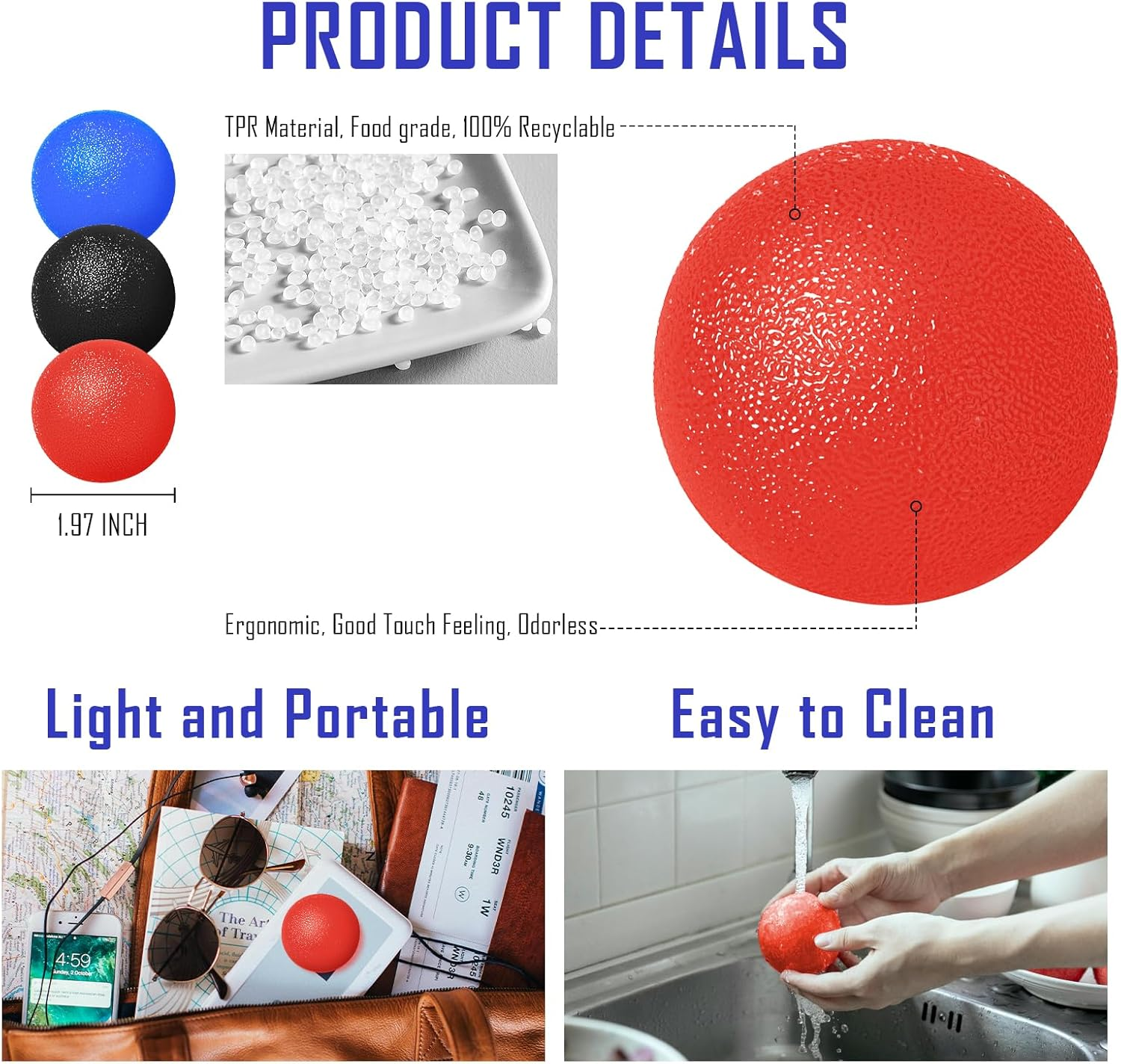 3 Pack Stress Balls for Adults, Squeeze Balls for Hand Therapy, Hand Strengthening Devices with Different Resistance Levels for Finger Forearm Wrist Exercise Relaxation and Pain Relief-4 image number 4