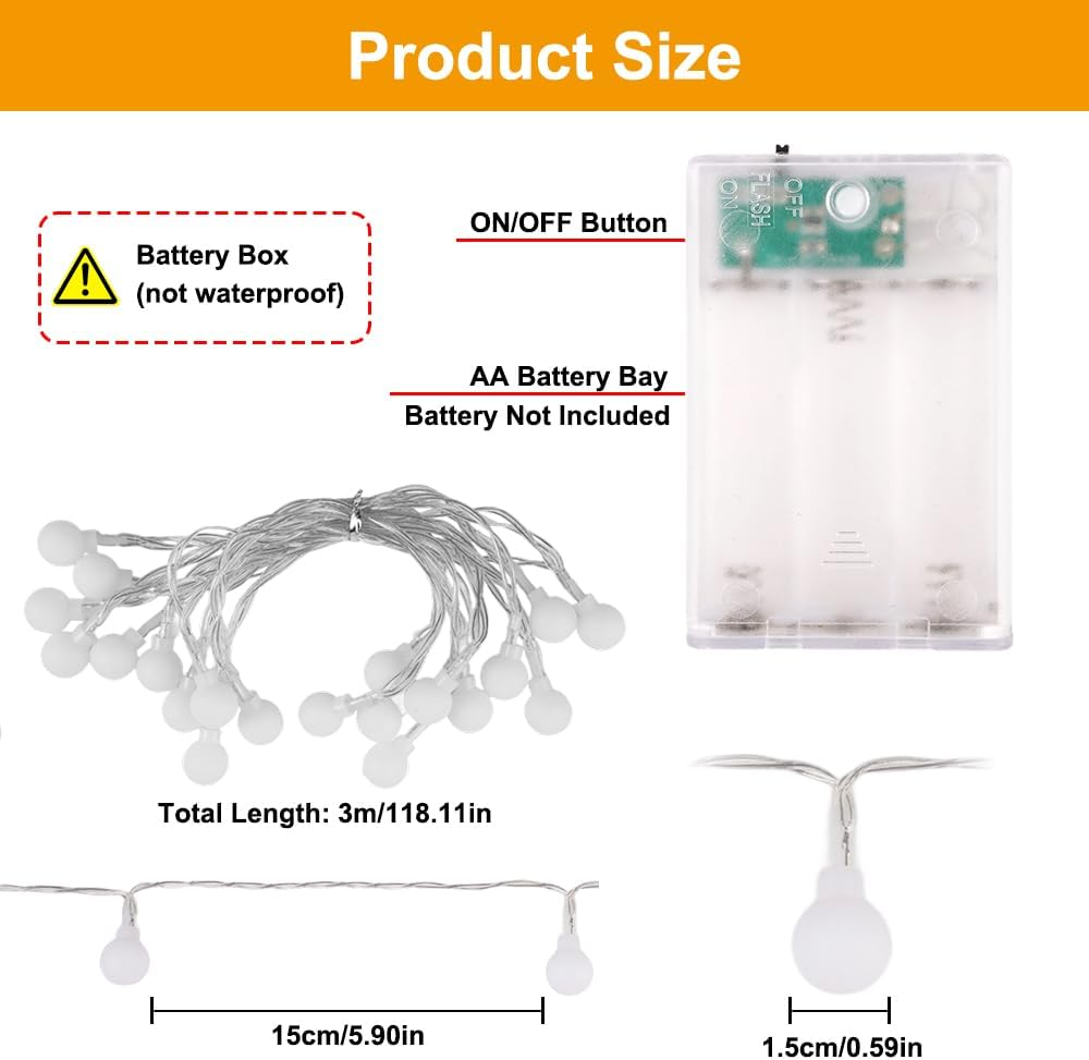 Fairy Lights Battery Indoor 3 M 20 LED Warm White Fairy Lights Balls, Globe Party Fairy Lights Indoor Outdoor for Room, Balcony, Wedding, Party image number 6