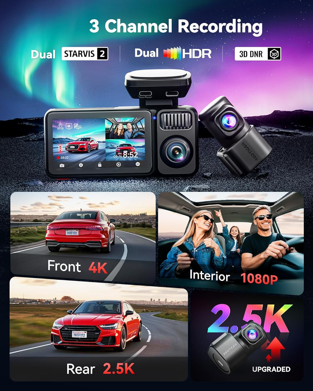 REDTIGER F17 Elite 4K 3 Channel Dash Cam, STARVIS 2 IMX678 & IMX675, 128GB Card, Full Night Color, 4K+2.5K+1080P Front and Rear Inside, Touch Screen, Voice Control, 5Ghz Wifi 6, GPS, HDR, Parking Mode image number 4