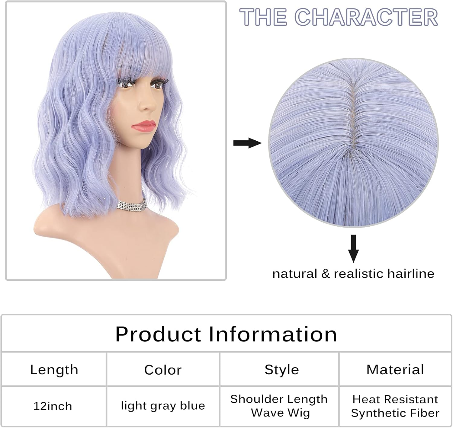 FAELBATY Light Blue Wave Bob Wigs with Bangs Synthetic Cosplay Wig for Girl Shoulder Length Wig for Women Costume Wigs Mixed Blue(12" Light Gray Blue) image number 3