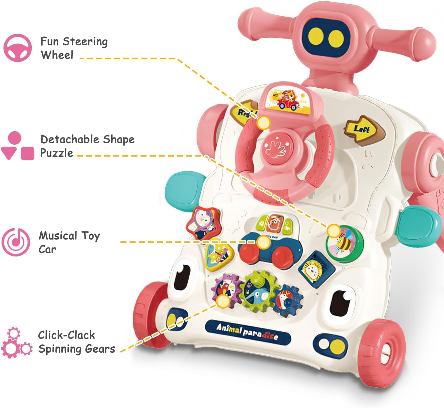 Uandhome 5 in 1 Baby Walker for 36 Months,Sit to Stand Learning Walker and Activity Center, Musical Toys for Babies 36 Month, Children Walking Toy, Early Educational Toy for Infant Boys Girls(Pink) image number 1