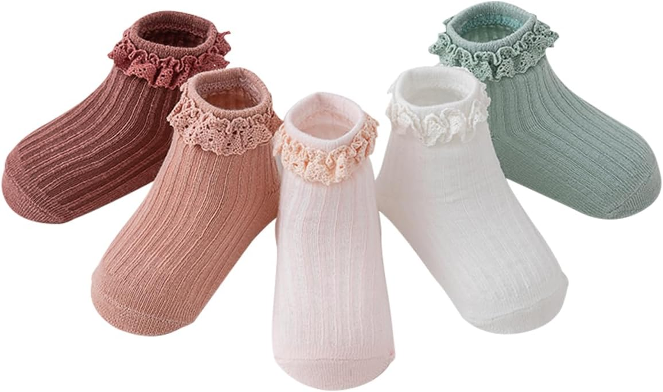 Meeshine Baby Toddler Girls anti Slip Ruffle Socks with Grips Newborn Infant Cotton Non Skid Frilly Dress Socks, 5 Packs image number 6