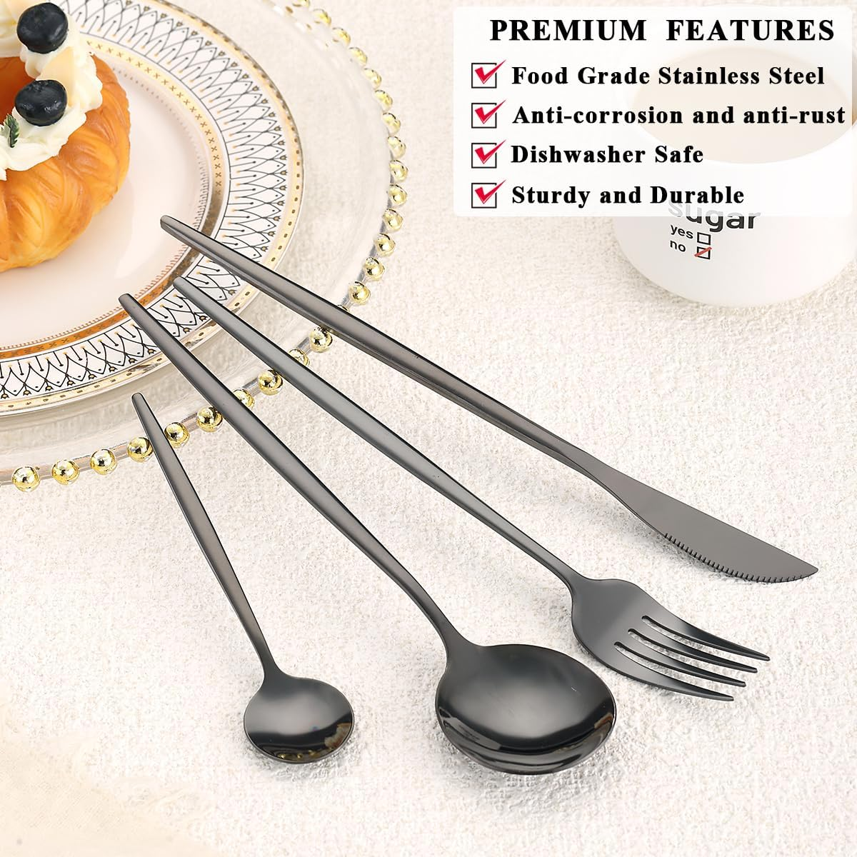 Black Cutlery Set 48 Pieces Service for 12, Berglander Titanium Black Plated Stainless Steel Flatware Set, Modern Design Knives Forks Spoons Silverware Set image number 2