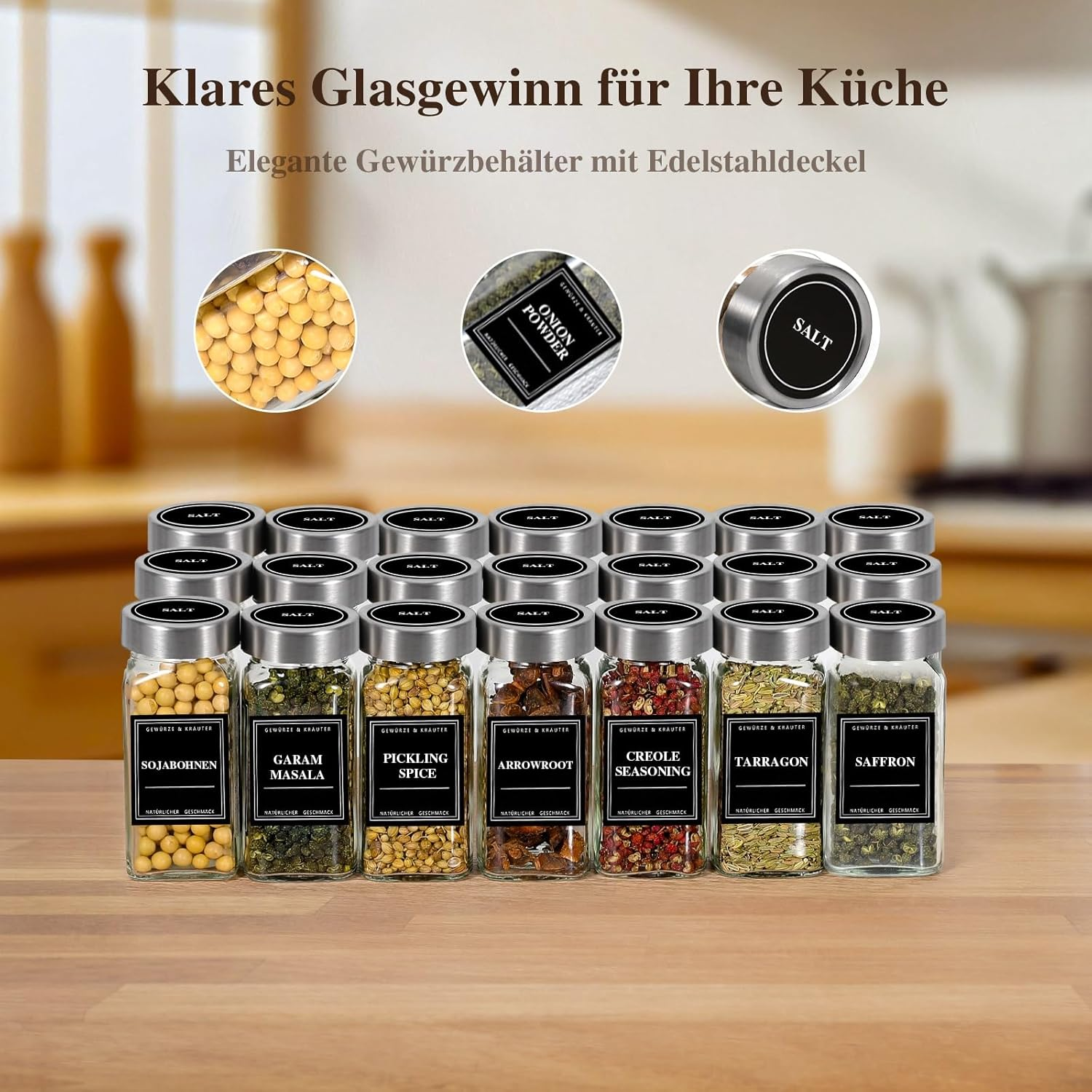 Coolnovel&reg; Spice Jars Set of 24 [120 Ml, Square & Airtight] with Stainless Steel Lids, Labels and Shaker Inserts - Glass Spice Jars Including Funnel & Cleaning Brush - Spice Storage, Spice Jars image number 1