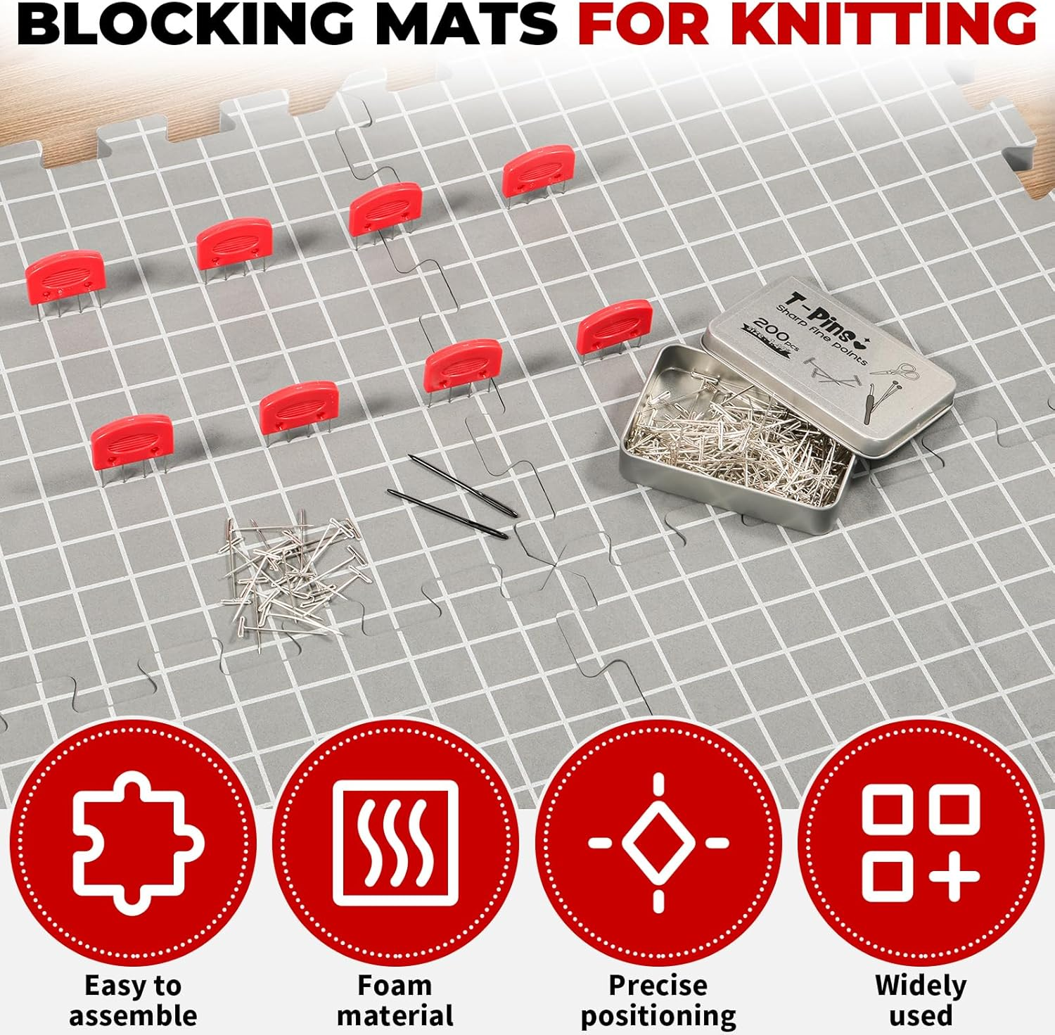 Blocking Mats for Knitting, Thick Blocking Boards Kit Easy to Install Portable Blocking Mat and Pin Set Safe Stable Foam Blocking Mats with Pin for Crafting Work image number 1