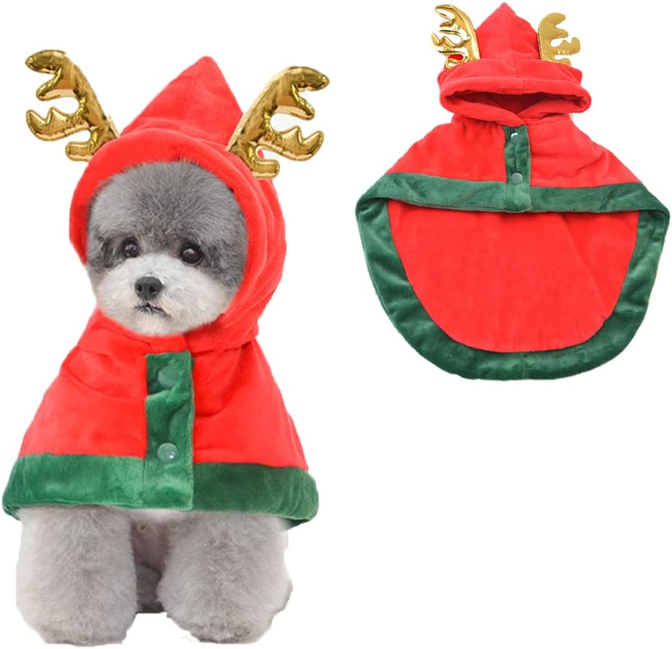 ANIAC Pet Christmas Costume Puppy Xmas Cloak with Antler Cat Santa Cape with Xmas Cap Party Cosplay Dress for Cats and Small Medium Dog (Medium, Red) image number 1