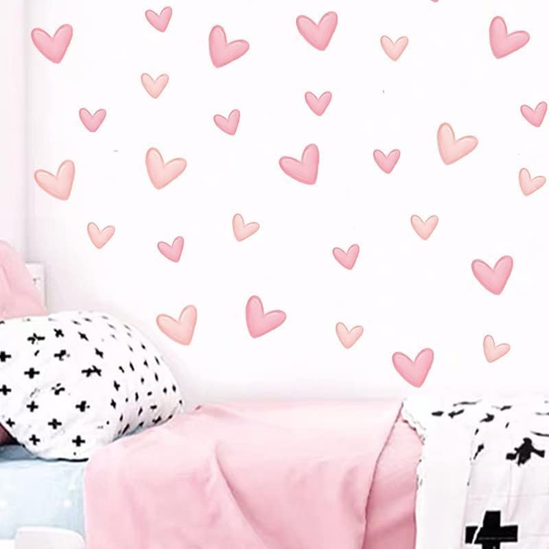 60Pcs Pink Heart Shape Wall Stickers for Bedroom Living Room Girls Room Decoration Kids Room Baby Nursery Room Wall Decals Interior Wallpaper PVC Murals