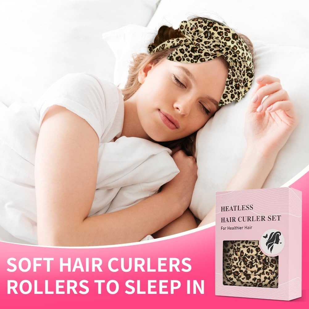 AOOWU Overnight Curlers, 9 Pieces Velvet Heatless Overnight Curls with Headband Curls Band for Sleeping, Band Curls without Heat, 70 Inch Hair Rollers DIY for Long Medium Hair, Leopard Print image number 3