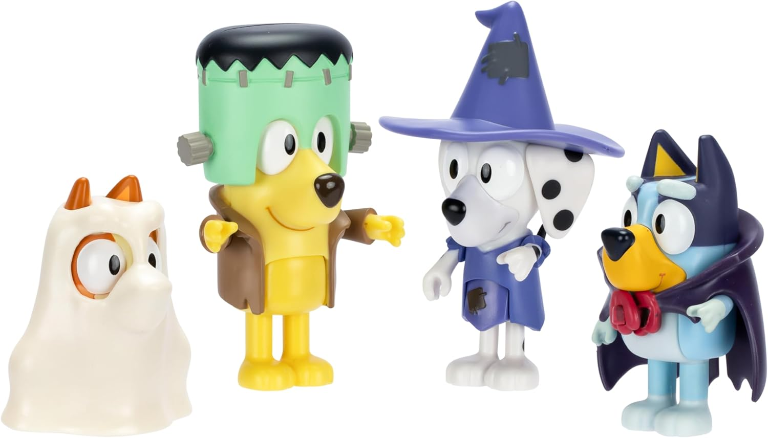 Bluey Figure 4-Packs, Halloween, 2.5" Poseable Figures of Bluey, Bingo, Chloe & Lucky Dressed in Halloween Costumes, with Accessories, Kids Can Recreate Their Favorite Moments from the Bluey TV Show image number 1