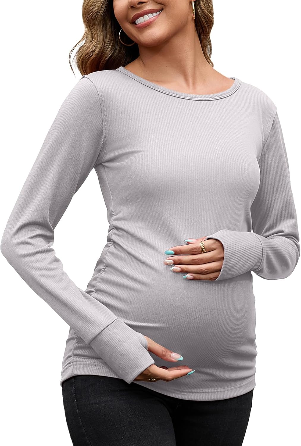 GINKANA Womens Maternity Long Sleeve Shirts Casual Slim Fitted Crew Neck Pregnancy Tops Pullover Shirts with Thumbholes