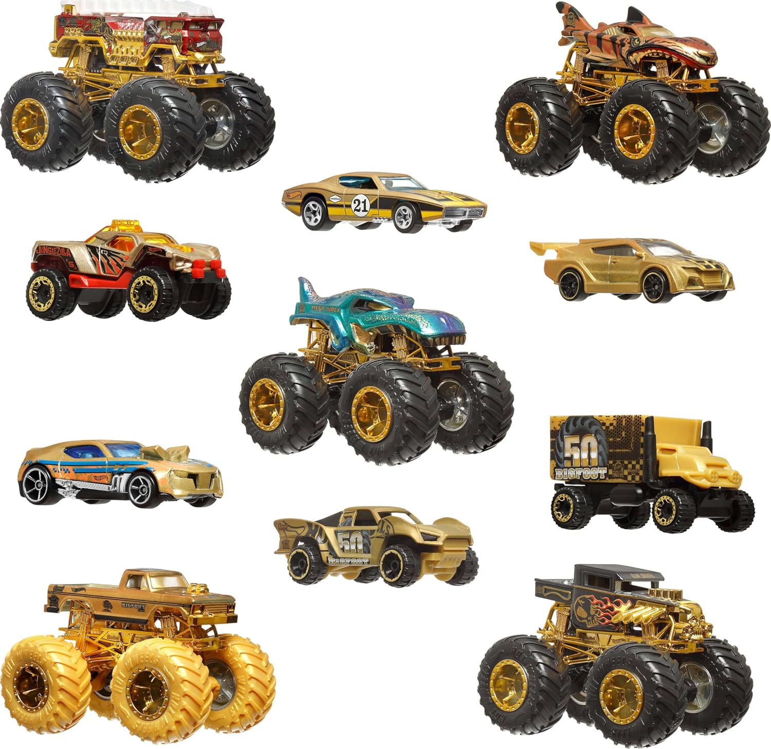 Hot Wheels Toy Cars & Trucks, Monster Trucks Trophy Champions Collection with Die-Cast Bigfoot, 5-Alarm, Bone Shaker, Mega-Wrex & Tiger Shark & 6 Cars image number 4