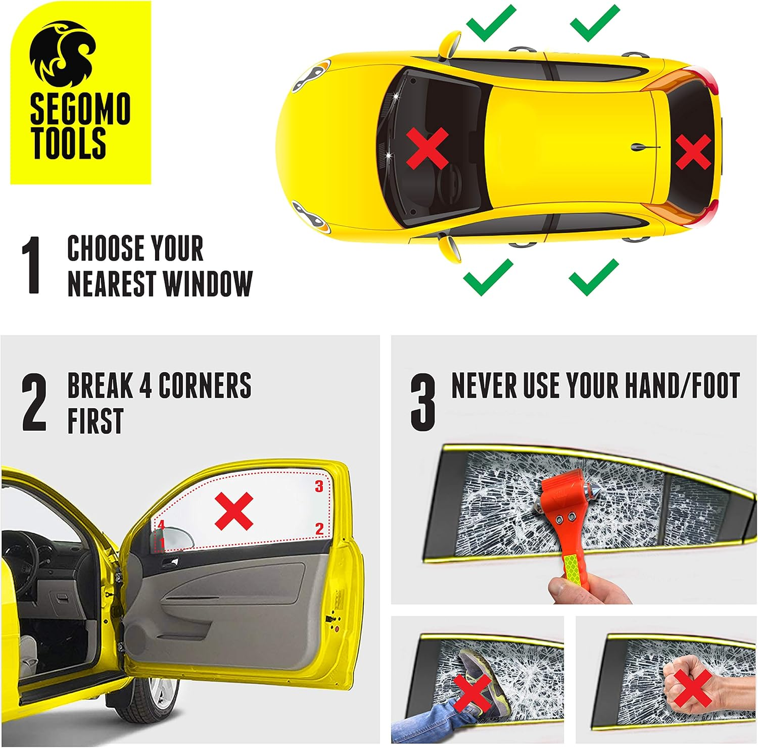 Segomo Tools 4 X Emergency Escape Safety Hammers with Car Window Breaker & Seat Belt Cutter | Car Safety Tool | Seat Belt Cutter and Glass Breaker | Emergency Car Tool - ESH04 image number 1