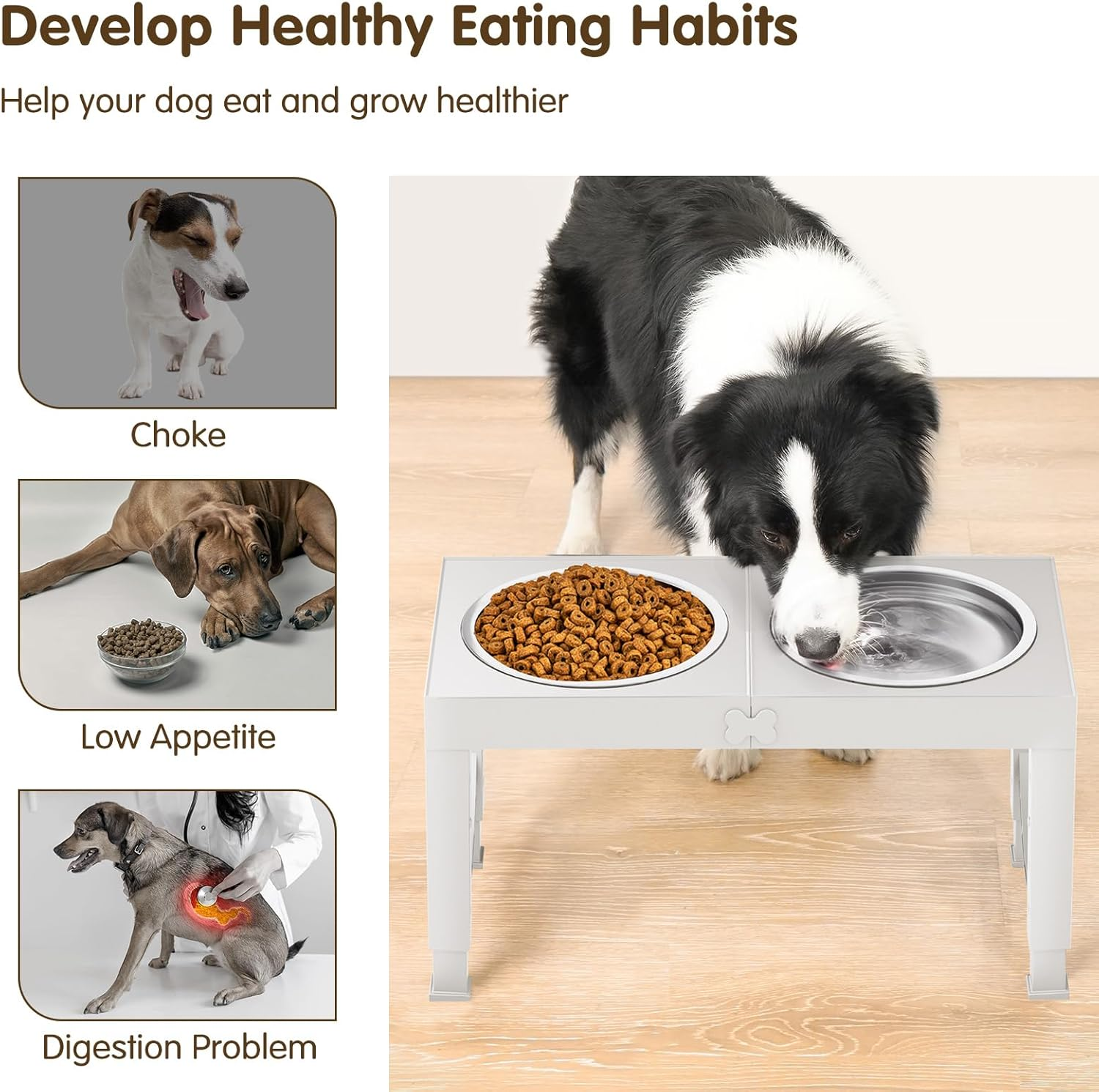 Elevated Dog Bowls for Medium Large Breed Dogs, 4 Height Adjustable Dog Raised Bowls Stand to 9.09", 10.63", 12.20", 13.78", 2 Thick Stainless Steel Dog Food Water Bowls, No Slip Dog Feeder, White - Grey image number 5