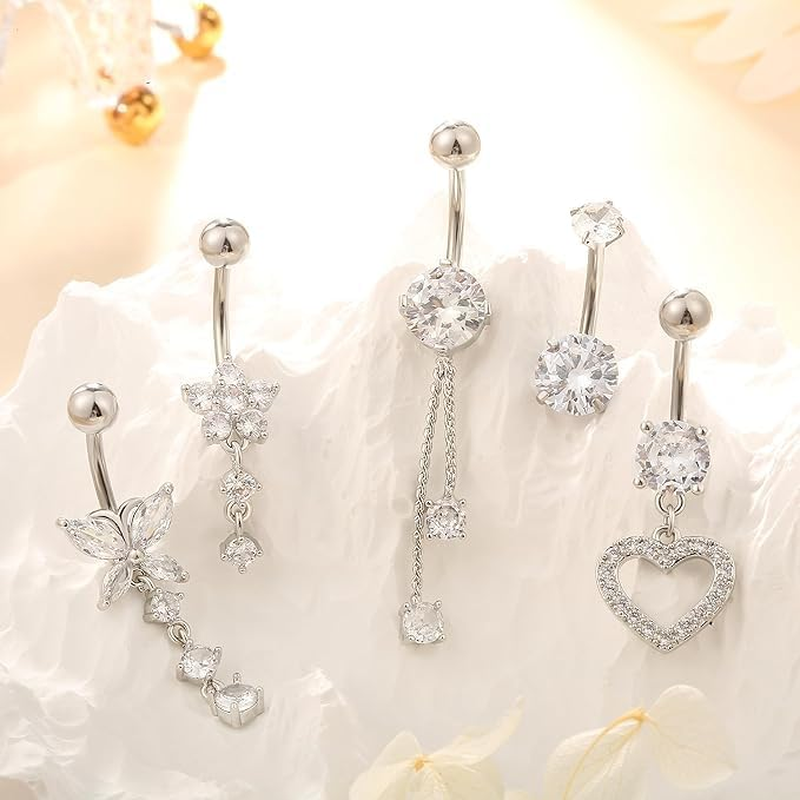 LYLYMIMI 5Pcs14G Belly Rings Stainless Steel Belly Button Rings Navel Rings Round/Love Heart Clear CZ Curved Barbell Piercing for Women image number 4