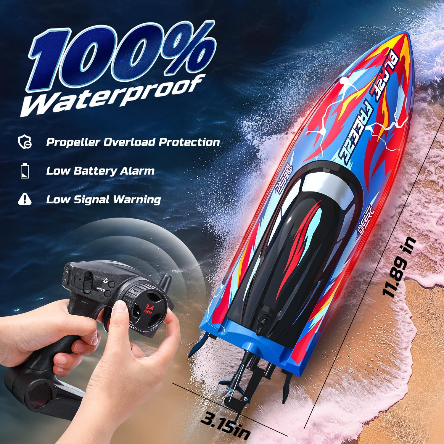 DEERC RC Boat with 7 LED Light Modes, 20+MPH, 40+ Mins, Self Righting Remote Control Racing Boat for Pool & Lake, 2.4Ghz Summer Water Toy for Kids image number 5