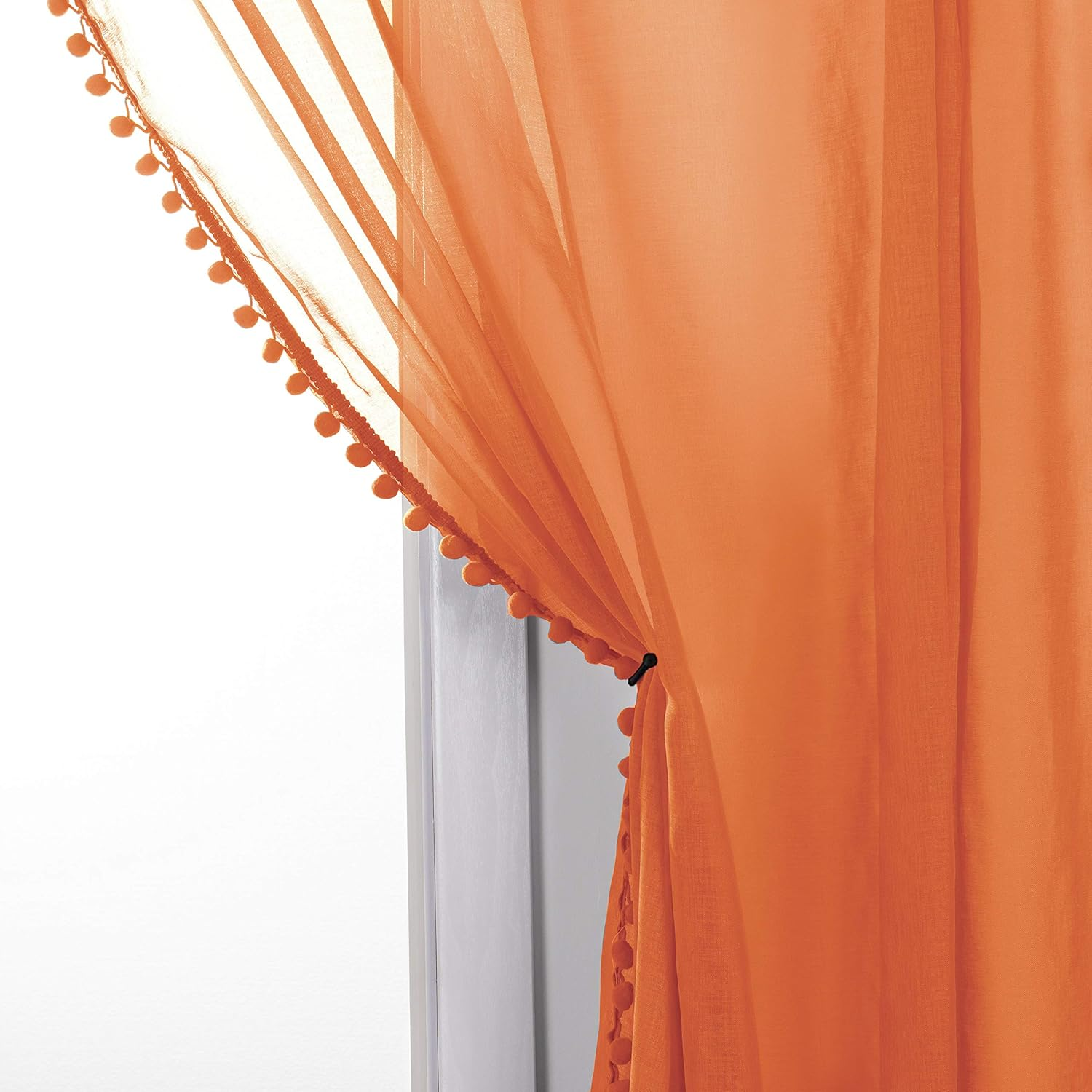 Elegant Comfort Semi-Sheer Pom Pom Tassels Curtains - 2 Panels Set - with 2Inch Rod Pocket - Solid Sheer Curtain Drapes for Living Room, Bedroom, W60 X L84, Orange image number 6