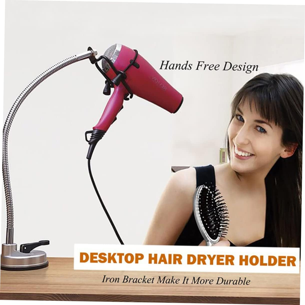 Hair Dryer Holder and Stand Silver Suction Cup Adjustable Hands-Free Portable Bathroom Storage Rack for Home Use image number 1