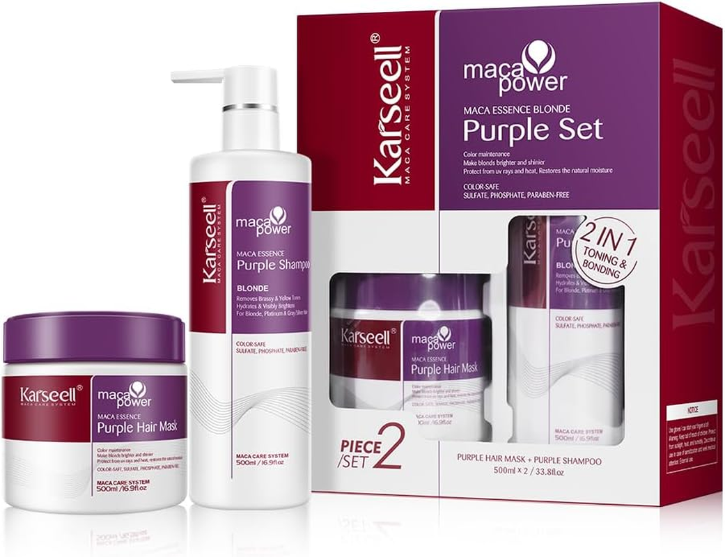 Karseell Purple Hair Mask and Purple Shampoo Set, Neutralizes Brass & Yellow Tones for Blonde, Gray, Silver Color Treated Hair, 2 X 16.9Floz