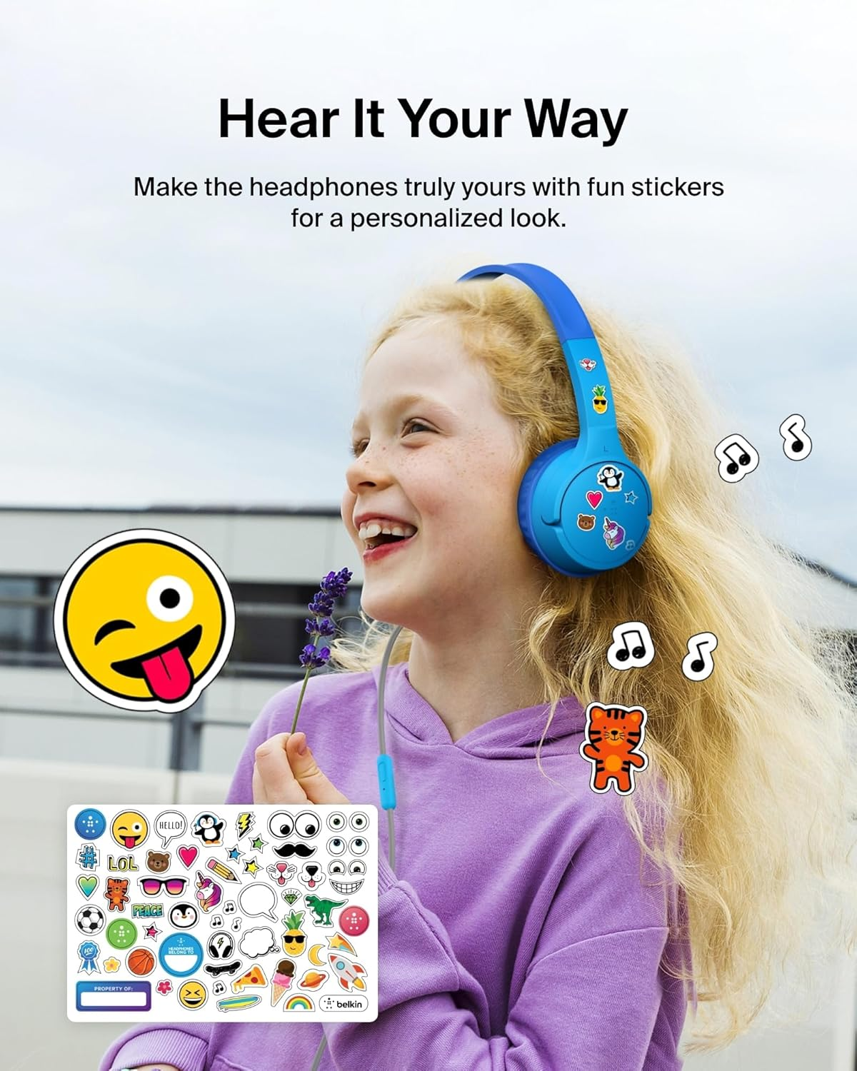 Belkin Soundform Mini Kids Wired Headphones W/Usb C to 3.5Mm Dongle, Built-In Mic & Fun Stickers, 85Db Max Volume &ndash; for Online Learning, Travel, Compatible W/Iphone 16, Ipad, Galaxy S25, Etc - Blue image number 5