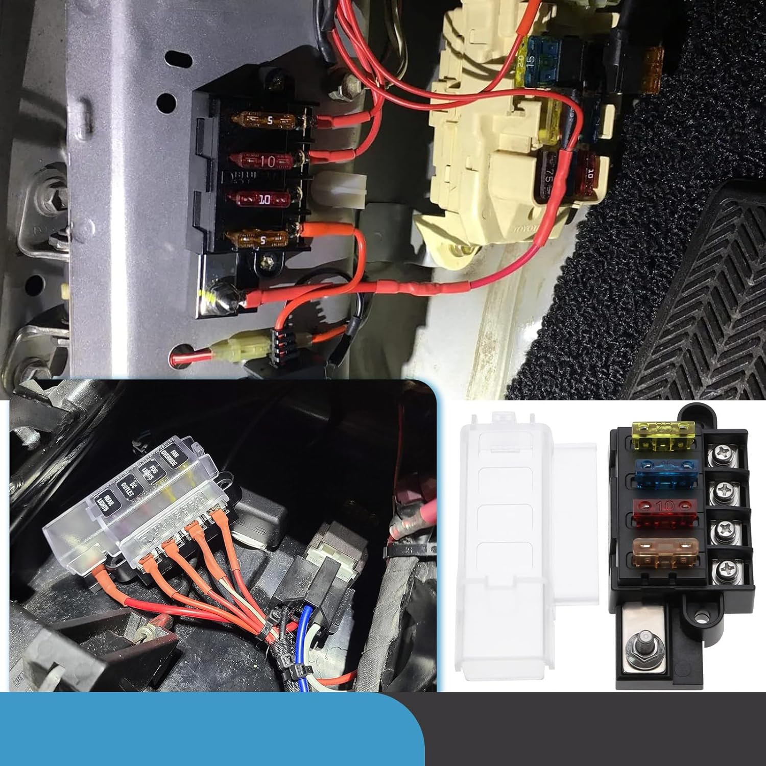 SING F LTD 1 Set of 12V-24V Automotive 4 Way Waterproof Fuse Box Metal Fuse Box 9.3X4.4Cm with Screws and 5A 10A 15A 20A Fuse for Trucks Cars Ships Black image number 2