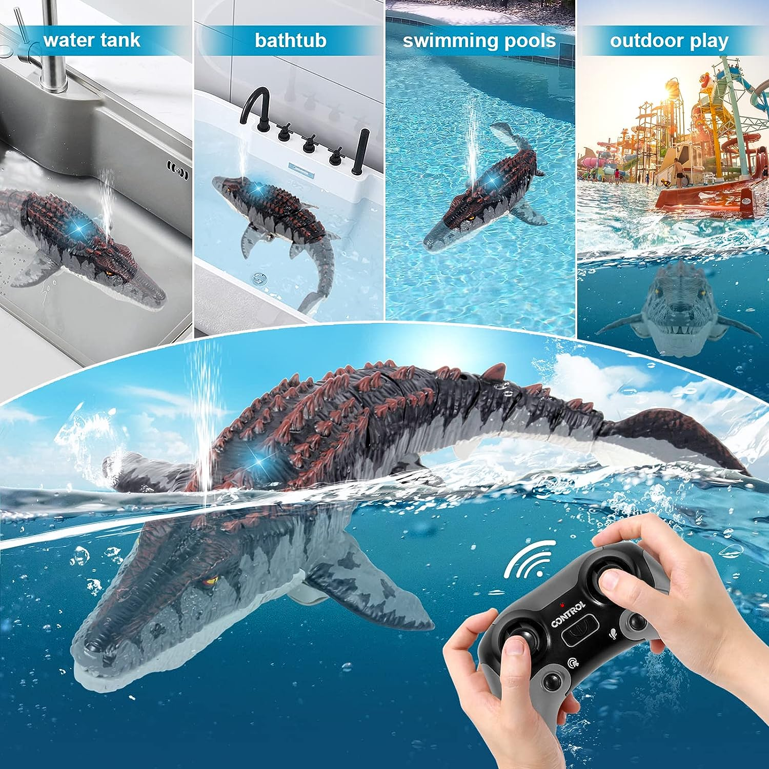 Remote Control Mosasaurus Dinosaur Toys for Kids, Upgrade Mosasaurus Water Toy, Pool Toys, RC Dino with Light and Spray Water for Swimming Bath Lake Ocean RC Boat Shark Toys image number 4