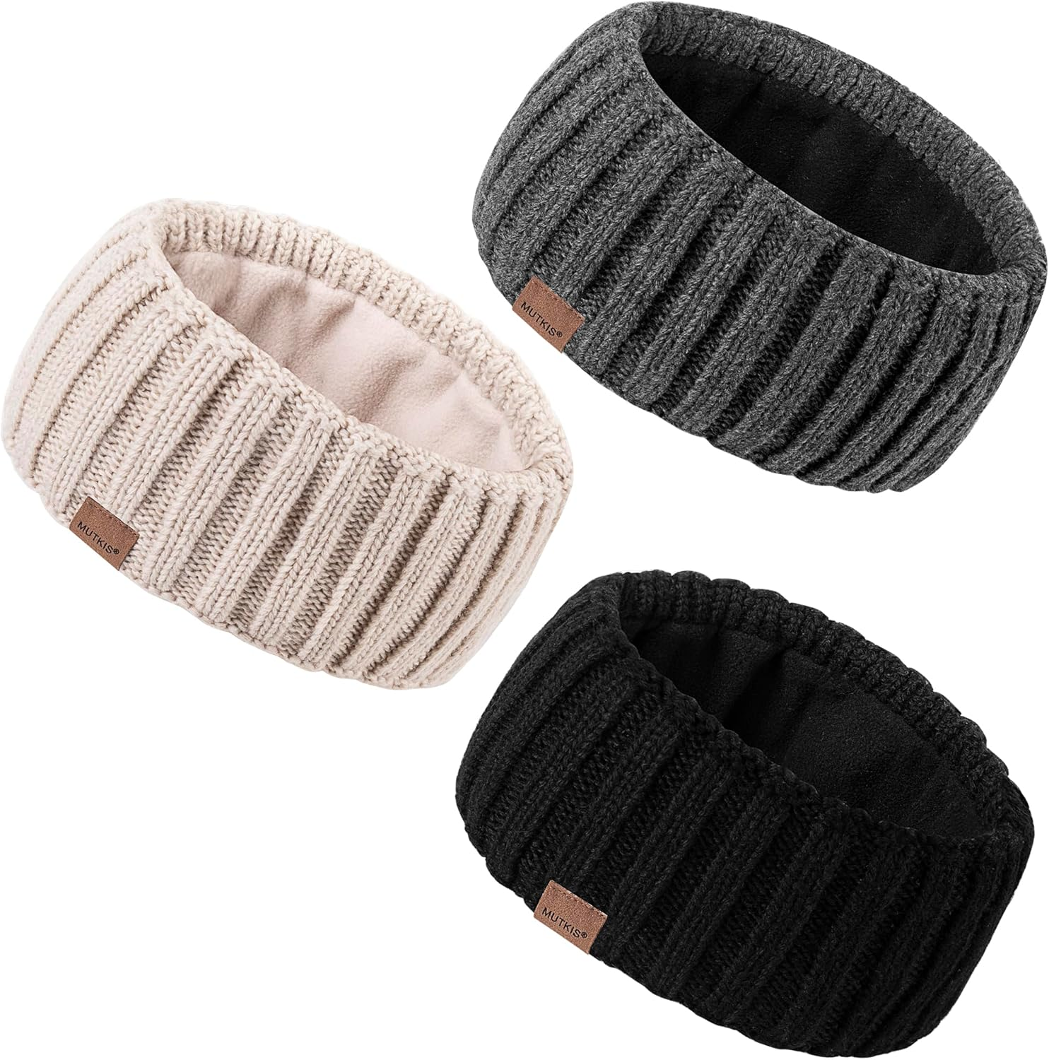MUTKIS Women'S Winter Headband, Pack of 3, Ear Warmers, Women'S Headband, Wool Knitted Thick with Fleece Lining, Hair Band, Cold Weather Warm Earmuffs (Black + Beige + Dark Grey) image number 6