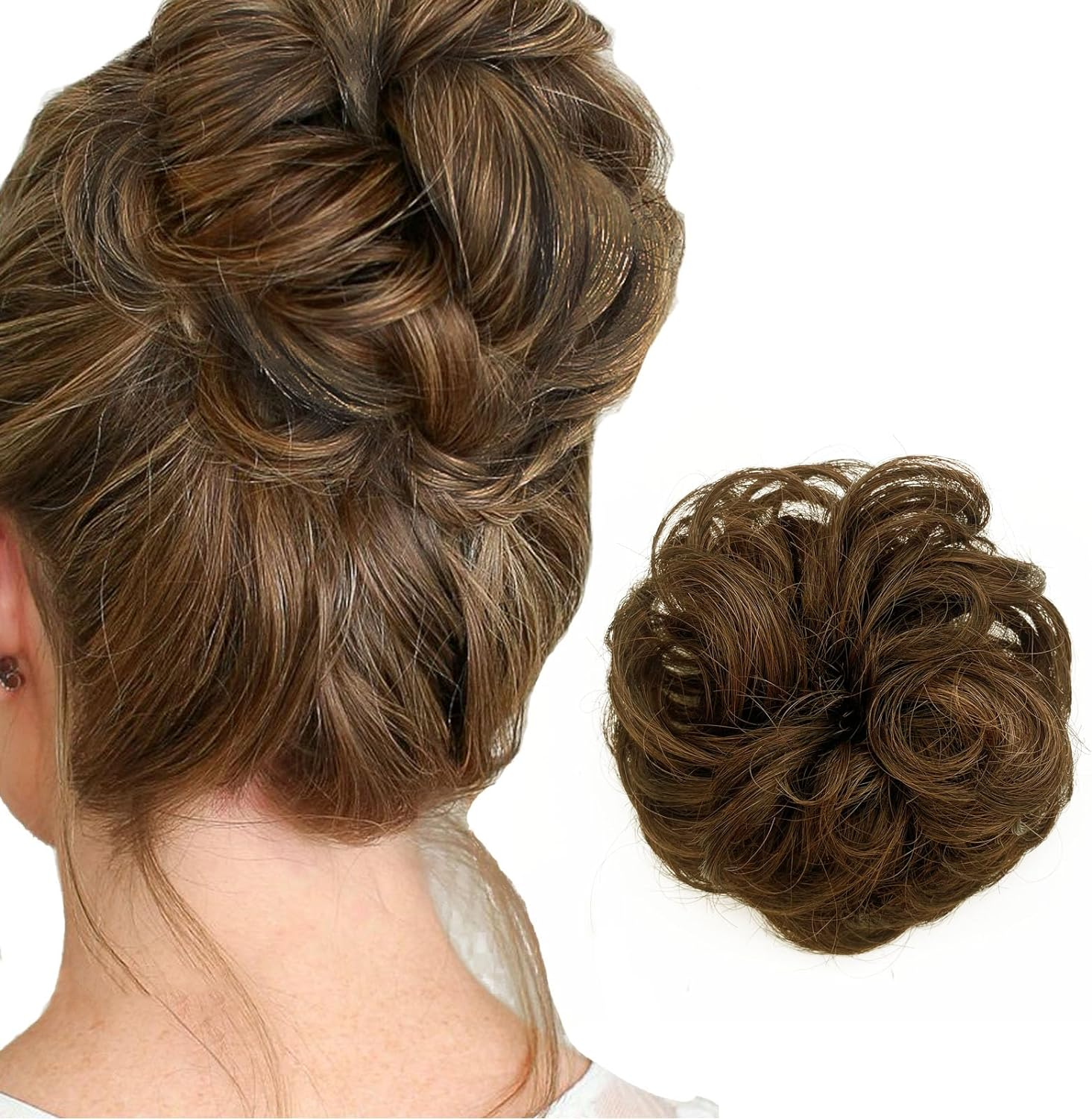 YUESUO 1PCS Messy Bun Hair Pieces Wavy Curly Scrunchies Synthetic Chignon Hair Extensions Updo Hairpieces for Women Girls (Light Brown)