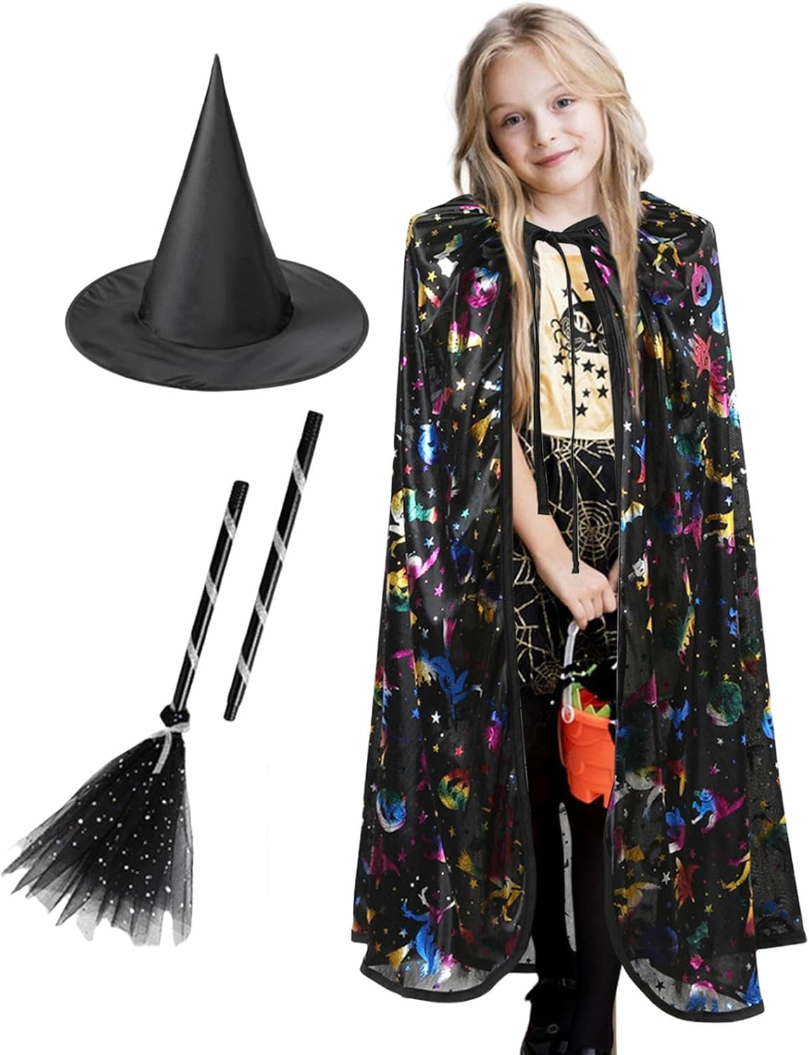 Kids Witch Costume,3X Set Halloween Witch Cape Kids - Exquisite Print Children Tie-Up Clothes for Daily Role-Playing