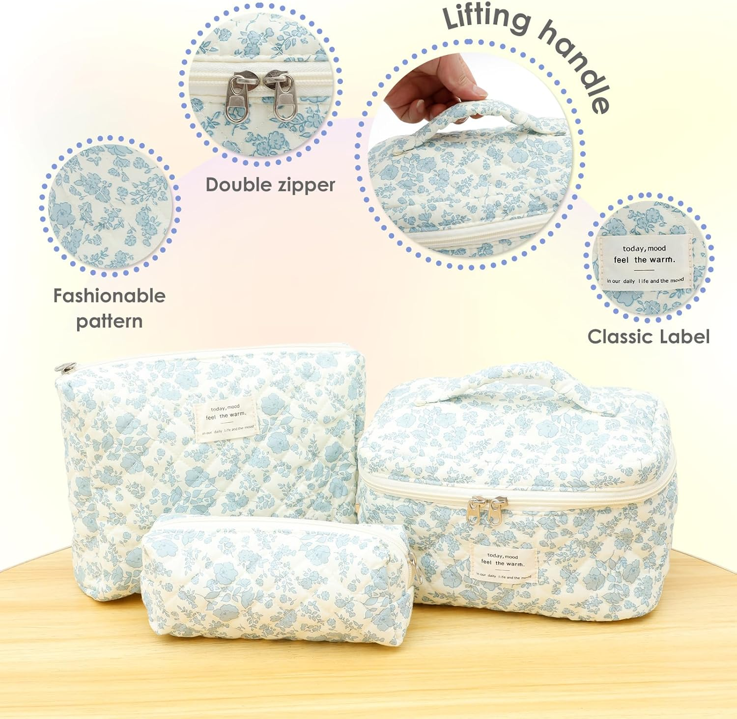 3 Pcs Makeup Bag Cotton Quilted Cosmetic Bag Cute Makeup Multifunctional Cosmetic Set for Women Girls Ladies(Wathet) - Pink image number 2