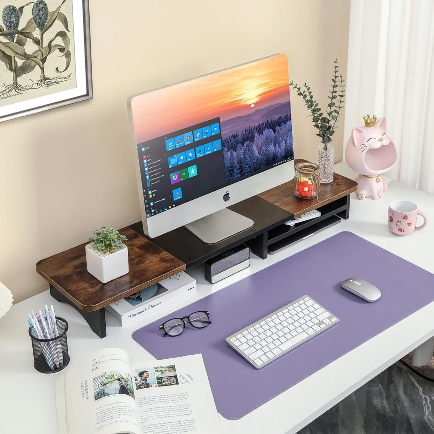 Monitor Stand with Drawer, Dual Monitor Stand Riser for Desk, Wooden Computer Monitor Stand & Desktop Shelf, Home Office Desk Accessories, 39.3"X10.6"X4.3" (Brown & Black) image number 1