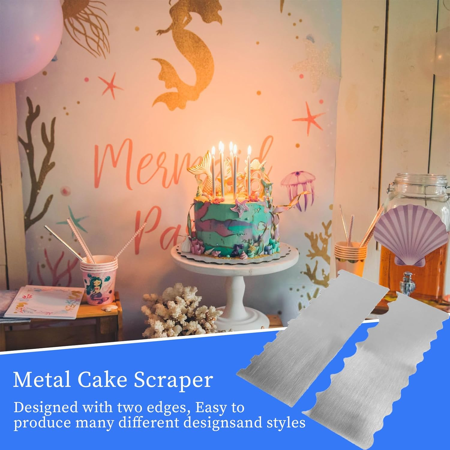 2Pcs Stainless Steel Cake Scraper with Sided Patterned Edge Stripe Edge, Pastry Baking Smoother Scraper Cake Decorating Tools for Mousse Butter Cream Cake image number 5