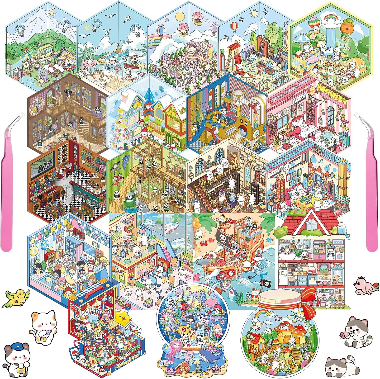 20 Sets DIY 3D Sticker Scene, Sticker Therapy for Adult Kids Make Your Own Scenes Miniature Room Cute Kawaii Cartoon Scene Stickers for Relief Stress Pass the Time image number 5