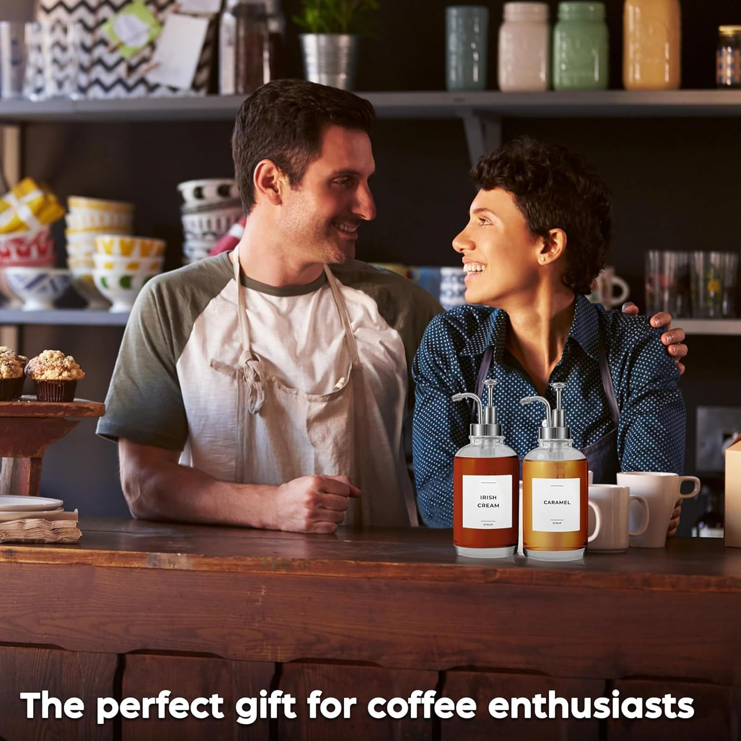 Syrup Dispenser, Coffee Syrup Dispenser Set - Glass Syrup Bottle with Pump for Coffee Bar - 16.9 Oz 500 Ml - Set of 2, Gold image number 1