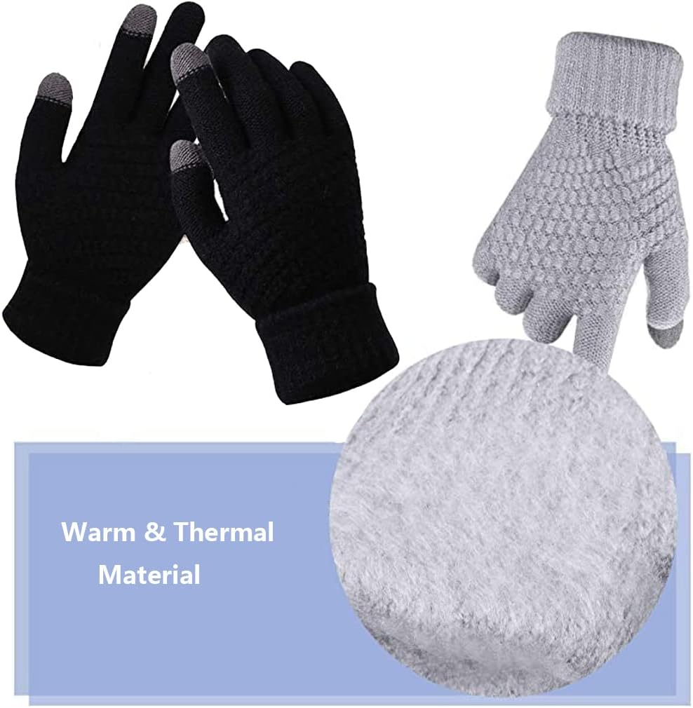 Idopick 2 Pairs Winter Warm with Touchscreen Fingers, Thermal Knit Soft Fleece Lined Glove Elastic Cuff Glove for Women Men Texting Gloves