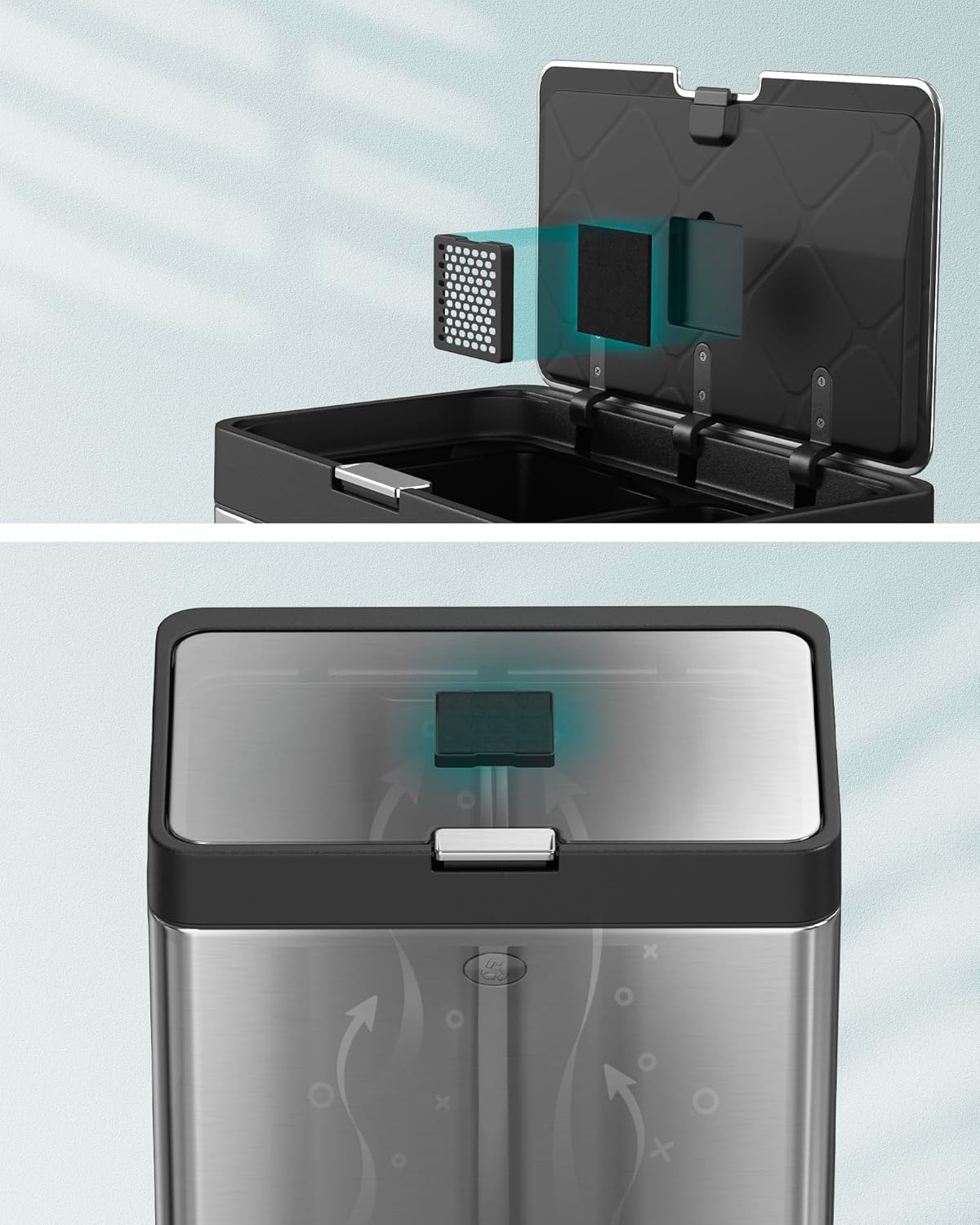 SONGMICS Kitchen Bin, 2 X 17L and 26L Volumes, 3-Compartment Bin for General Waste, Food Waste, and Recycling, Carbon Filter, Wide Pedal, Silver LTB550E60 image number 2