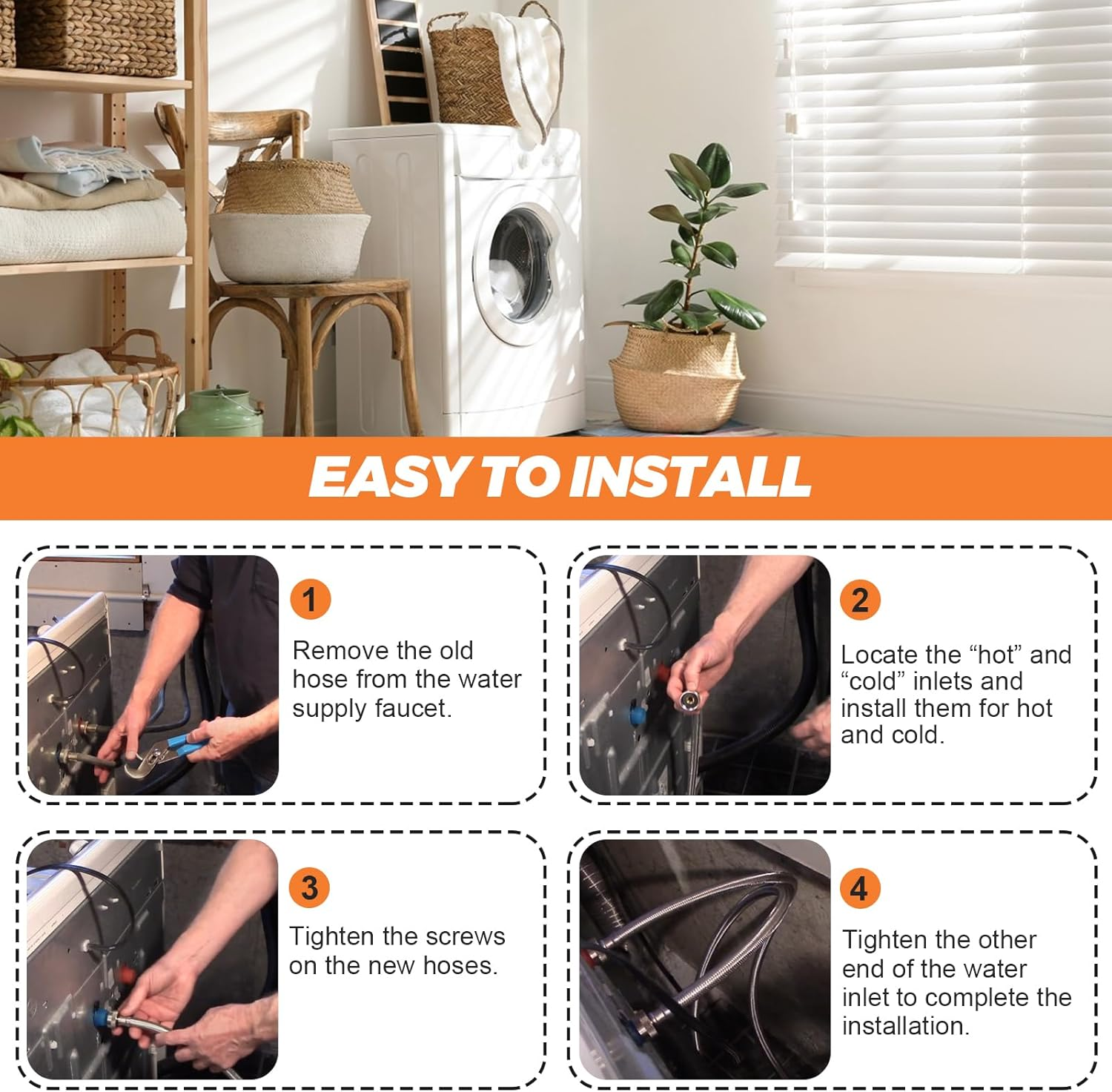 6FT Washer Stainless Steel Hoses with 90 Degree Elbows by Beaquicy - Burst Proof 3/4" FHT Standard Thread - 2 Pack Red and Blue Braided Hoses for Hot and Cold Water Supply - 10 Year Warranty image number 4